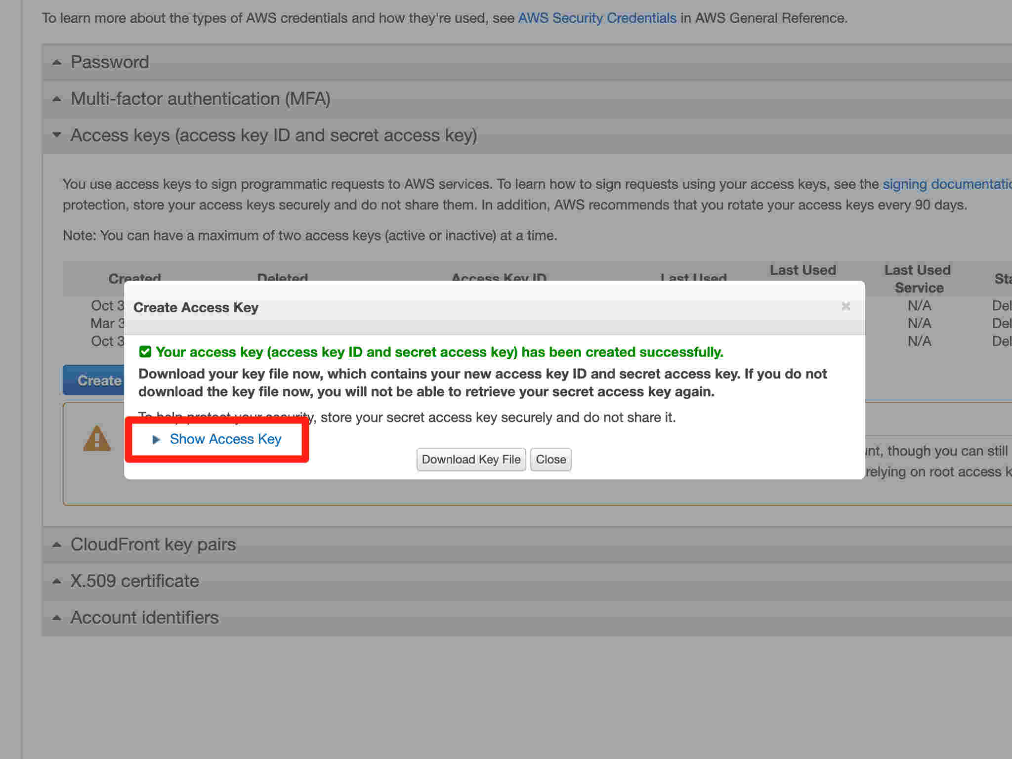 Click on "Show Access Key" to reveal the access key.