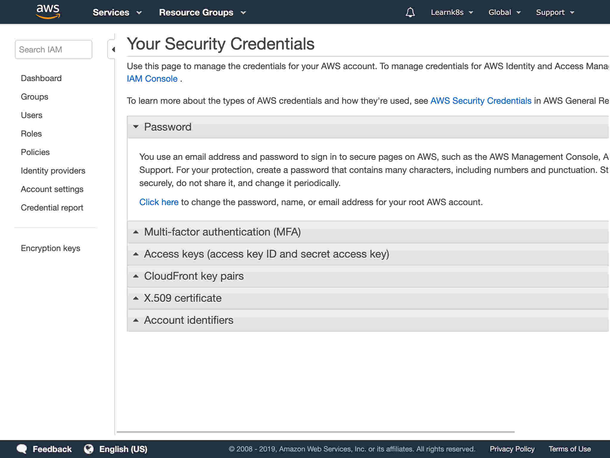 You should land on Your Security Credentials page.