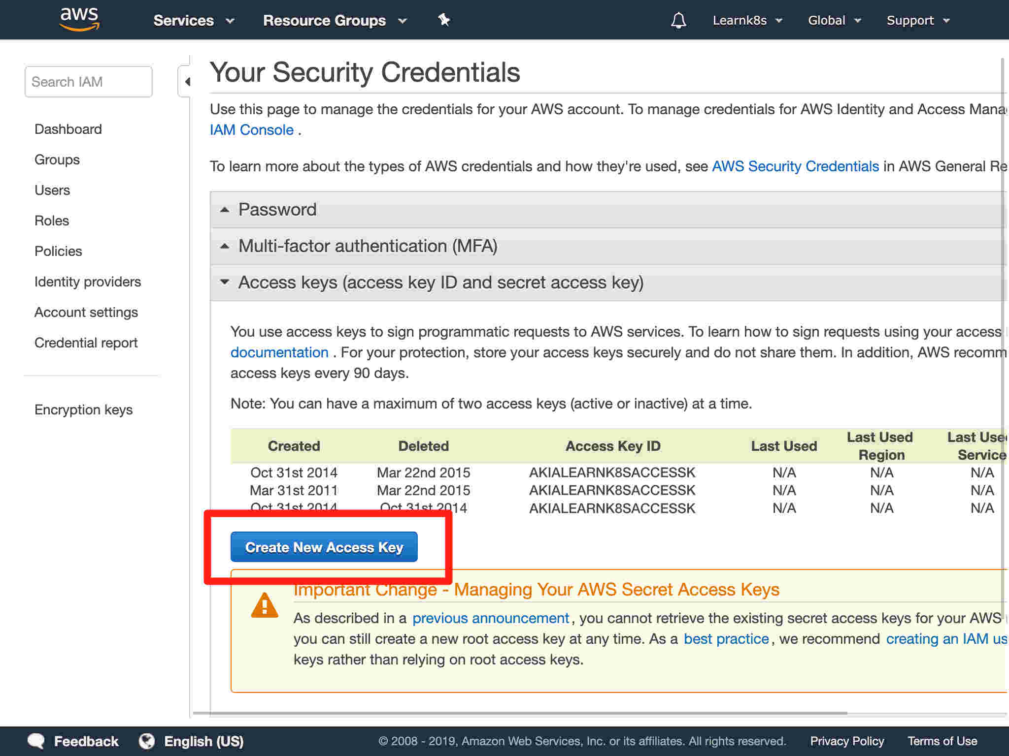 Click on "Create New Access Key".